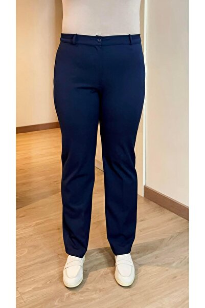 RMG Beli Lastikli Büyük Beden Gabardin Geniş Paça Pantolon Lacivert