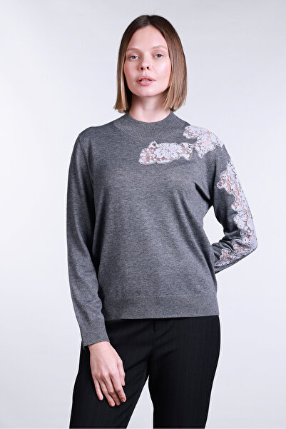 Sempre Women's Half Fisherman Lace Detailed Wool Sweater 2721 Gray