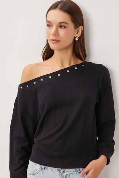 Afri Women's Black Eyelet Detail Asymmetrical Neck Sweatshirt - Metal Ring On...