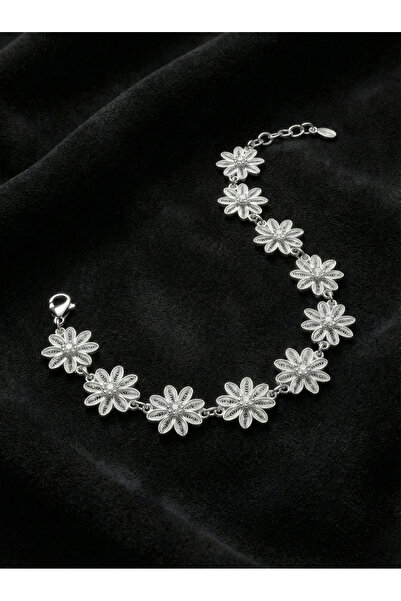 Erdobia 925 Ayar Geleneksel Telkari El İşi Papatya Motifli Sıralı Gümüş Bilek...