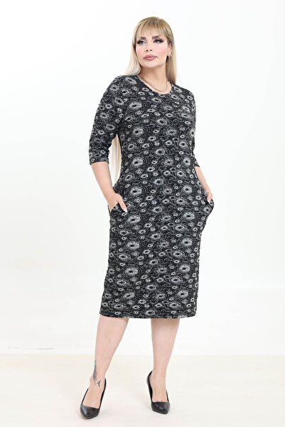 modayız Double Pocket Patterned Stretchy Winter Plus Size Patterned Midi Dres...