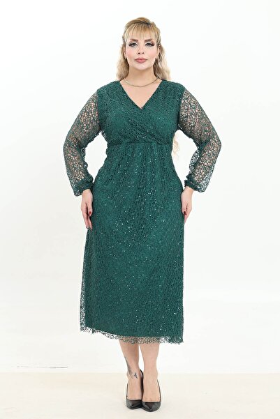 modayız Green Lace Detailed Double-Breasted Neckline Long Sleeve Evening Dres...