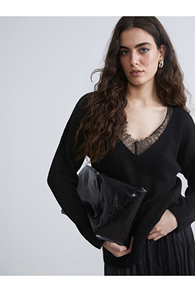 LC Waikiki Lcw Vision V Neck Lace Detailed Oversized Women's Knitwear Sweater