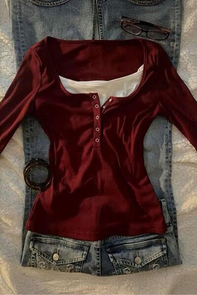 İsra Ayyıldız Moonstar Collection Bordo Henley Yaka Ekli Y2K Uzun Kollu Bluz