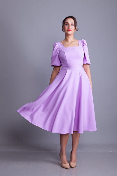 Bidoluelbise Lilac Square Neck Balloon Sleeve Midi Length Evening Dress