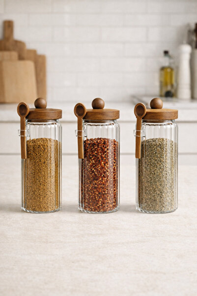 Kitchen Way Acacia Gasketed 3-Piece Striped Glass 1200ml Jar Set with Spoon K...
