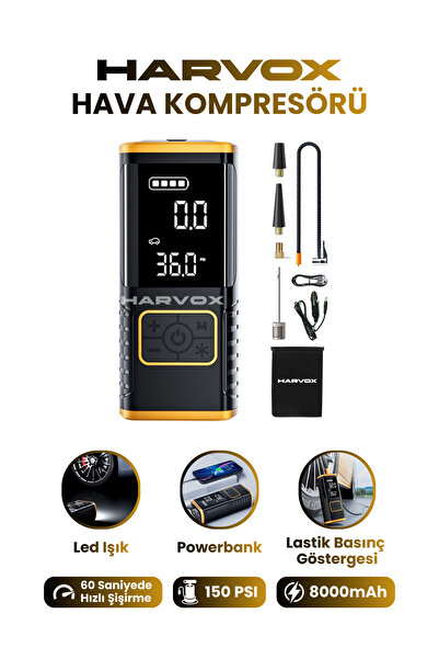 HARVOX Taşınabilir Oto Hava Kompresörü Şarjlı, Powerbankli, Göstergeli, Araç ...