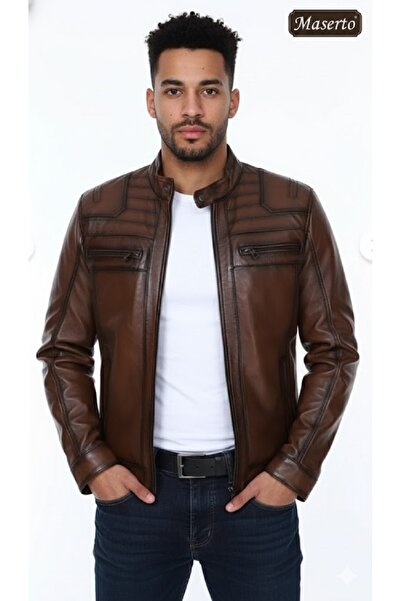 MASERTO سترة جلدية مطرزة بجيوب بنية اللون