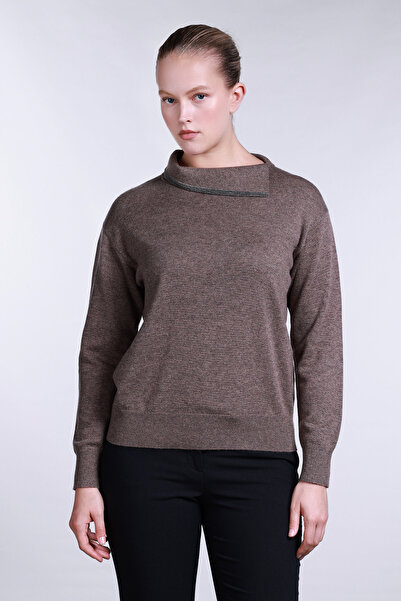 Sempre Women's Collar Detailed Long Sleeve Wool Sweater 2781 Brown