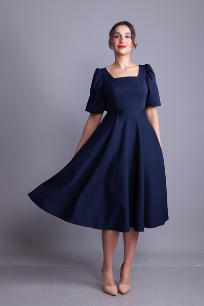 Bidoluelbise Navy Blue Square Neck Balloon Sleeve Midi Length Evening Dress