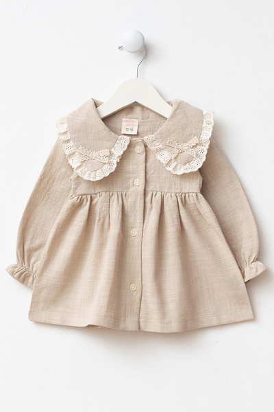 Minipodyum Lace Detailed Peter Pan collar Pocket Festive Linen Baby Girl Dress