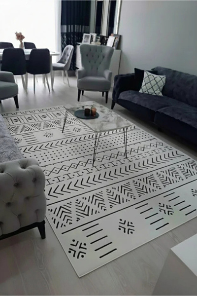 CENTER AVM Beyaz Siyah Halı Salon Halısı Makinede Yıkanabilir Halı Kaymaz Tab...