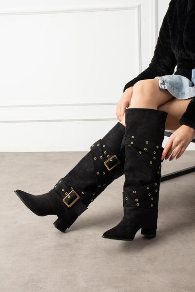 ShoeTek Sysa Women's Boots Gusseted Cross Belt Buckle Black Suede