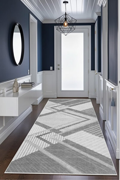 CENTER AVM Gri Halı Yolluk Makinede Yıkanabilir Halı Kaymaz Taban Halı