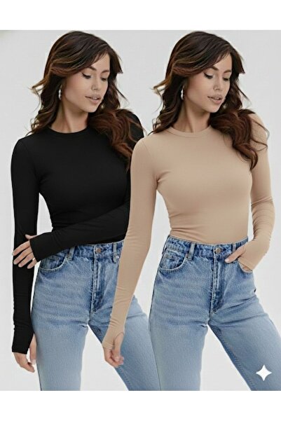 BY HUPE Women's Black Finger Detailed Black Beige 2 Piece Body