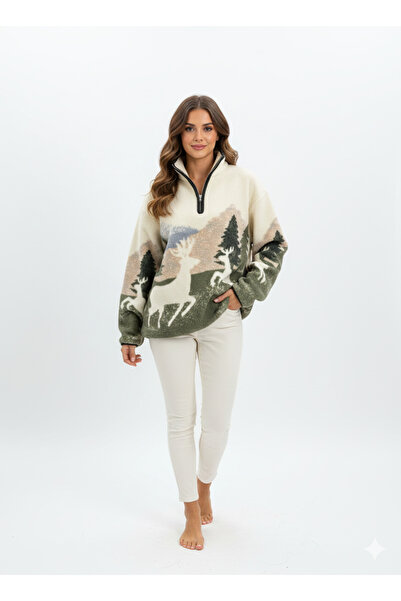 Trendalya Kadın Yarım Fermuarlı Oversize Peluş Sweatshirt