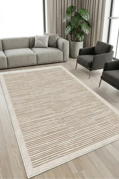 CENTER AVM Bej Halı Salon Halısı Makinede Yıkanabilir Halı Kaymaz Taban Halı