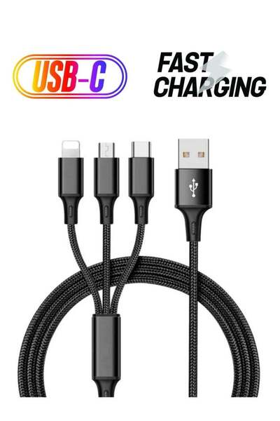 Generic Nylon 3 in 1 Fast Charging Cable for Type-C, Micro and iPhone Pins