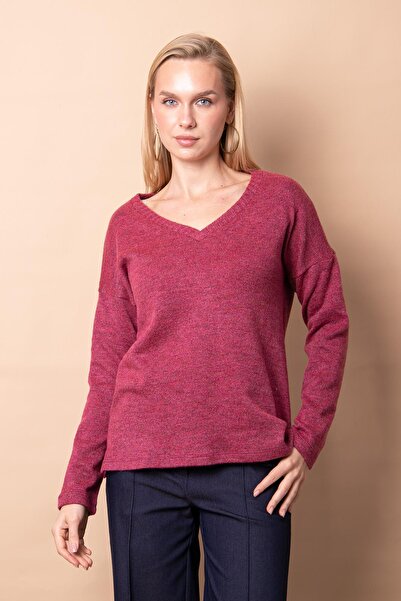 Jument Women's Knitwear V-Neck Long Sleeve Slit Sweater Blouse-Cherry