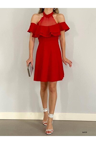 Modafeminen Tulle Detailed Ruffled Mini Dress 58838 Red
