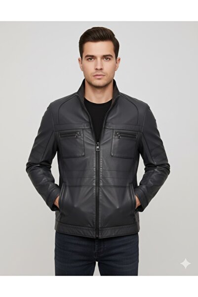 MASERTO Gray Leather Jacket with Zipper Pocket Detail