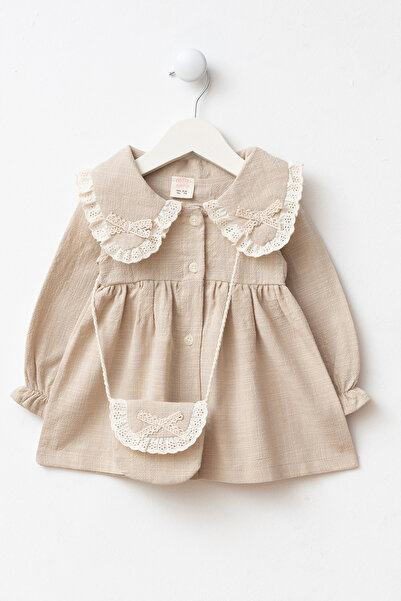 Minipodyum Lace Detailed Peter Pan collar Pocket Festive Linen Baby Girl Dress