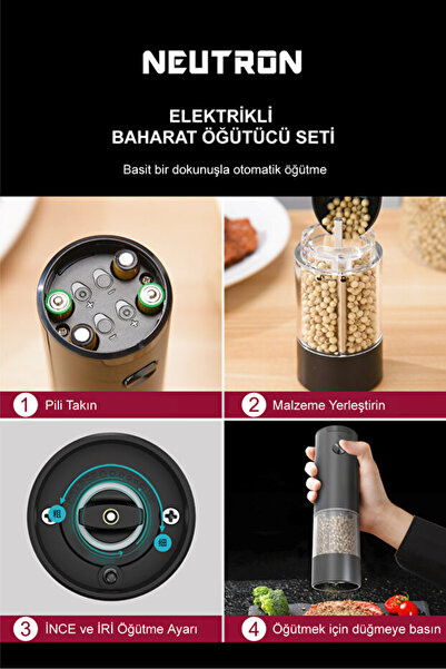 NEUTRON NTL-PG-33D Pilli Tuz ve Baharat Öğütücü Değirmen İkili Set