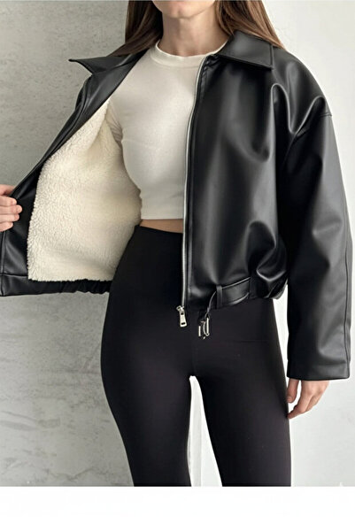 candybia Women's New Season Plush Detailed Belted Leather Jacket