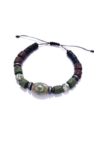 Funny Takılar Koyu Yeşil Tibet Akik Lav Taşı Ve Hematit Doğaltaşlı Unisex Bil...