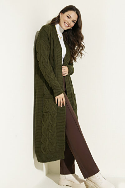 benguen Knitted Patterned Long Knitwear Cardigan R2817 Khaki