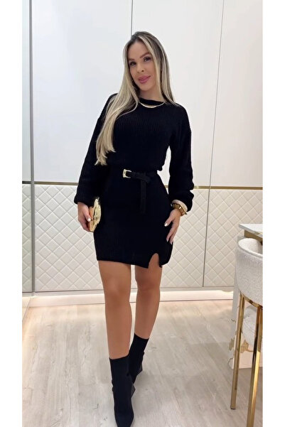 buğrahayalin Women's Long Sleeve Round Neck Short Knit Dress