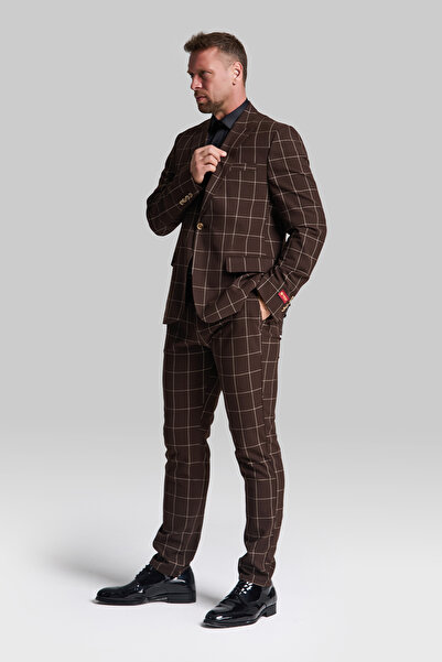 GustmanModa Erkek Kahverengi Kareli Slim Fit Blazer Ceket Pantolon Takım Elbise