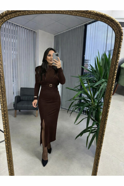 LACASE Gold kare tokalı bordo kalem elbise