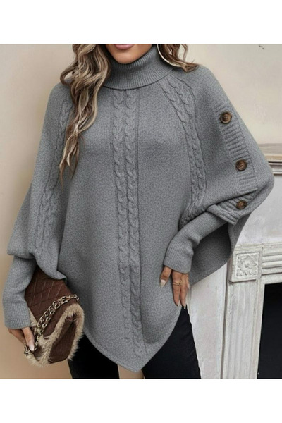 Flavus Puella Women's Gray Hair Braided Turtleneck Bat Poncho Buttoned Knitwe...