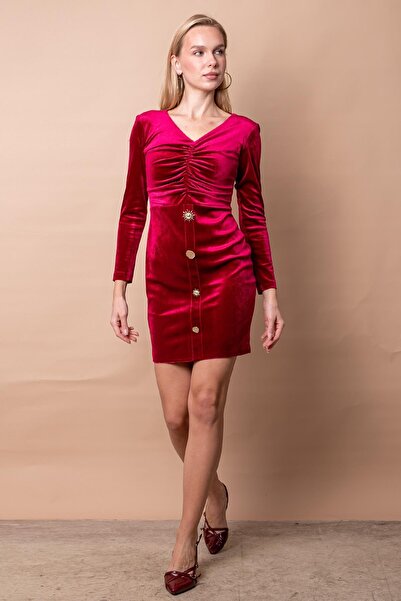 Jument Women's Stretch Fabric Velvet V-Neck Front Gathered Buttoned Long Slee...