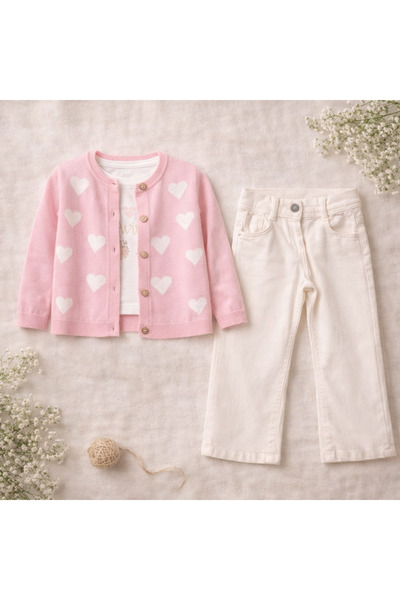 minniobaby Girl's Heart Patterned 3-Piece Knitwear Cardigan Sweat and Pants Set