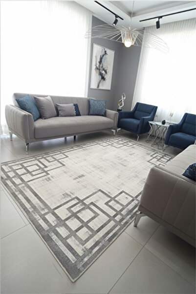 CENTER AVM Gri Halı Salon Halısı Makinede Yıkanabilir Halı Kaymaz Taban Halı