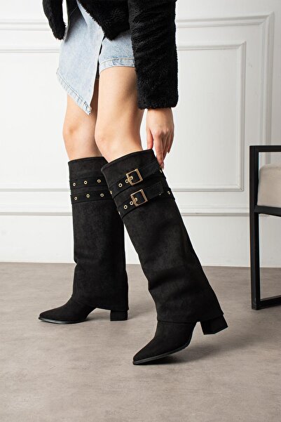 ShoeTek Zova Women's Boots Gusseted Double Belt Buckle Black Suede