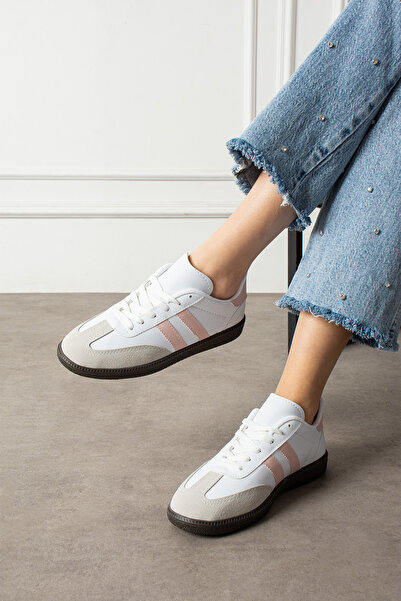 Lugshoes Beyaz Pudra Unisex Kadın Erkek Şeritli Rahat Taban Günlük Sneaker Sp...
