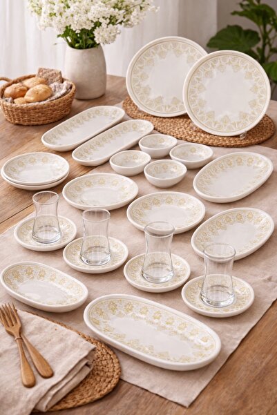 Evila 29 Parça 6 Kişilik Porselen Kahvaltı Takımı | Desenli Servis ve Sunum Seti