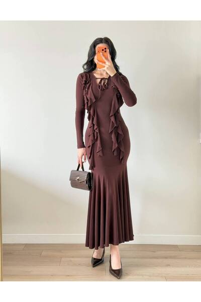 LOCH BUTİK Women's Brown Skirt Flowy Ruffled Maxi Dress