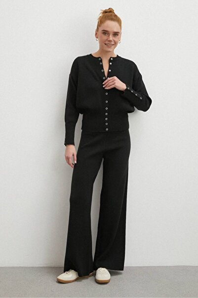 TrendParis Ribbed Double Knitwear Set with Sleeve and Front Button Detail