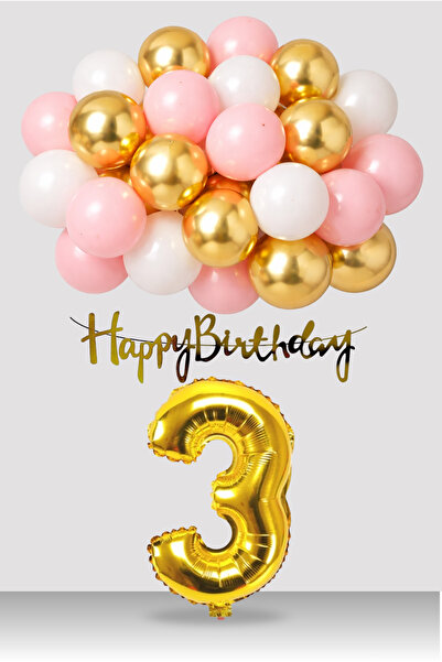 Retro Gold Pembe Beyaz Balon Happy Birthday Banner Gold Rakam Doğum Günü Süsü