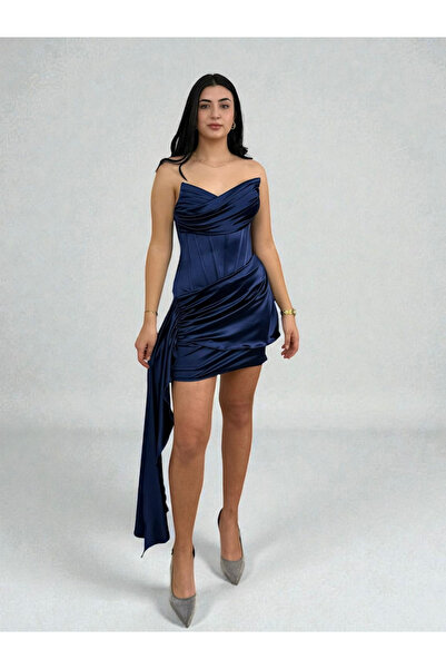 OLA Fency Tailed Satin Navy Blue Color Mini Dress