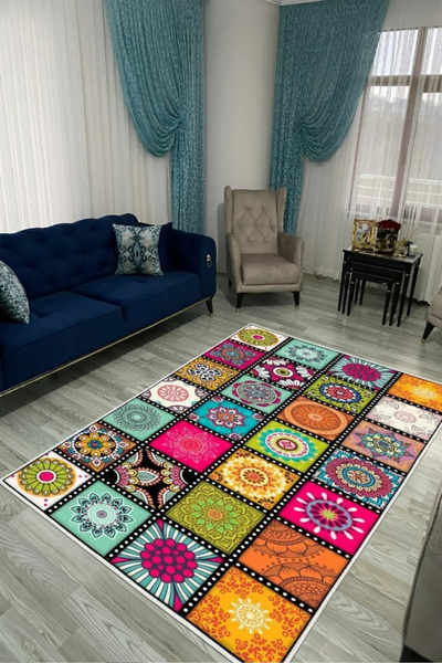 CENTER AVM Renkli Halı Salon Halısı Makinede Yıkanabilir Halı Kaymaz Taban Halı
