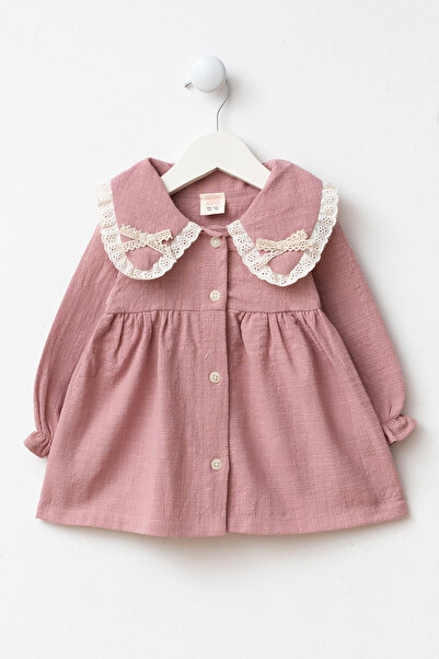 Minipodyum Lace Detailed Peter Pan collar Pocket Festive Linen Baby Girl Dress