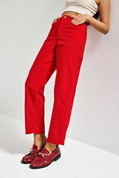 it's basic Дамски червени панталони с кадифена материя и свободна кройка 26w5-19