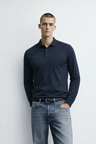 MATERIAL Men's Comfortable Loose Navy Blue Polo Collar Knit Sweater