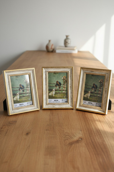 Asya Çerçeve Dekoratif 3'lü Set Antik Desenli Gold 10x15 Ayaklı Plastik Fotoğ...