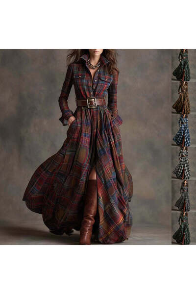 CCShop Retro Evening Dress with Plaid Print and Long Sleeves